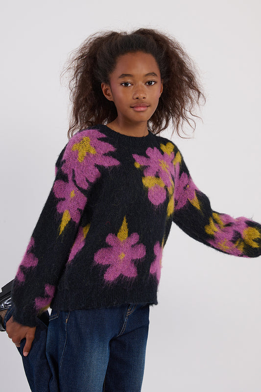 Girls Black Floral Sweater