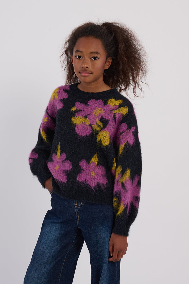 Girls Black Floral Sweater